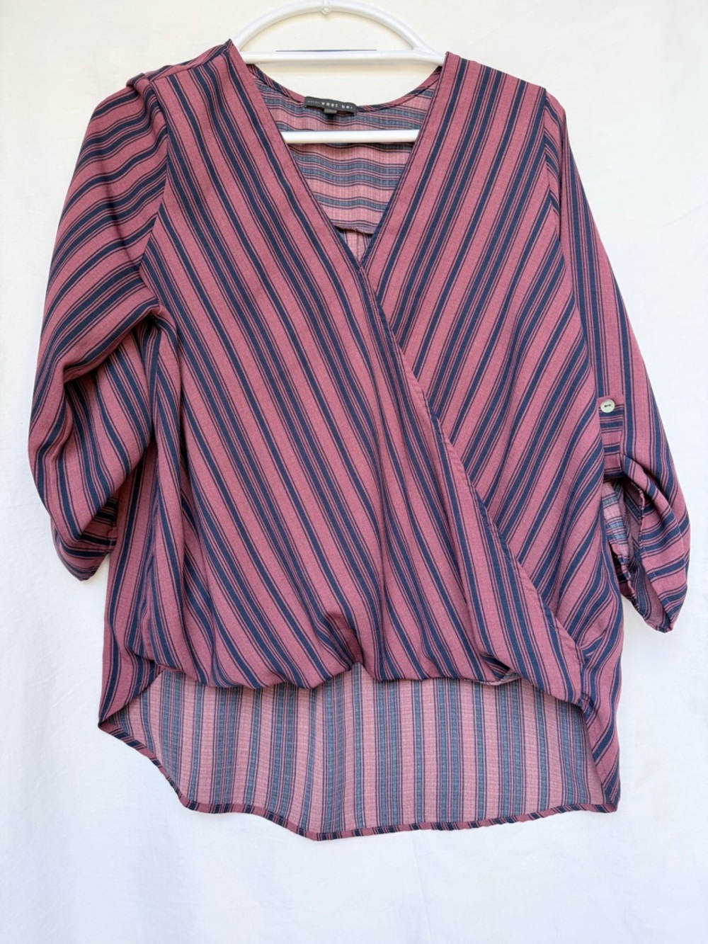 West Kei Pink and Navy Striped Faux-Wrap Blouse